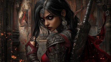 Modern Hindu warrior-princess with cyberpunk design, set against vibrant murals and frescoes in Vijayanagara palace interiors, photorealistic CGI cinematic style
