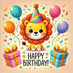 Fototapeta premium Happy Birthday greeting card. Illustration of kids funny lion in festive hat. Children's birthday party. For poster, cover, label