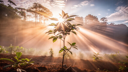 Sunrise over a young plant glowing in misty field with rays of light