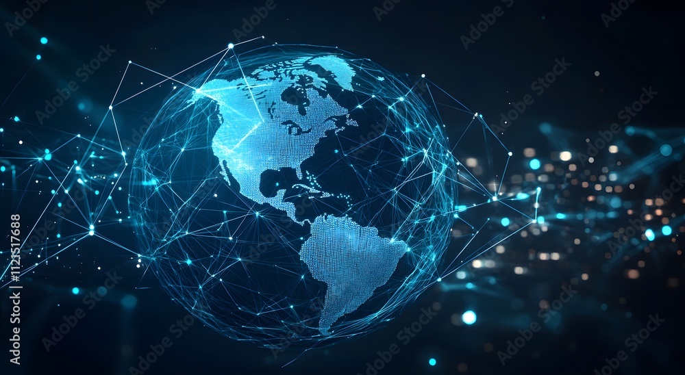 Poster a blue hologram of the earth floating in space and giving the idea of ​​global internet communicatio