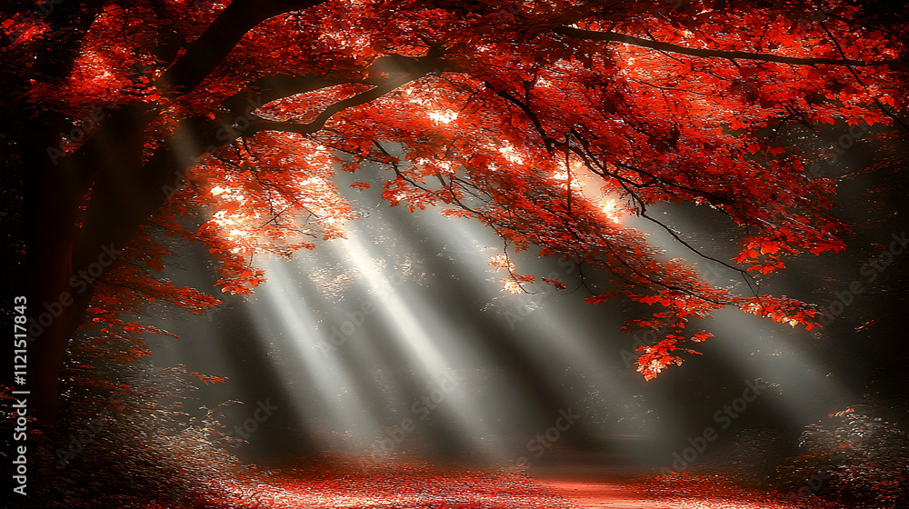 Poster Sunbeams illuminate a path through a vibrant red autumn forest, creating a magical and serene scene.