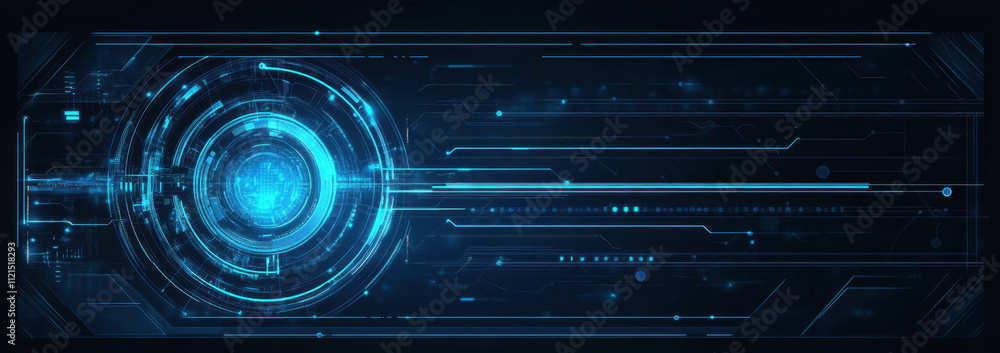 Poster blue technology background with glowing digital connections and circles on dark blue banner for pres