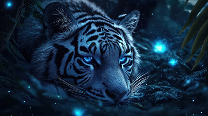 surreal tiger with shimmering silver fur and glowing blue eyes rests in mystical forest, surrounded by ereal lights and lush greenery, creating captivating and enchanting atmosphere