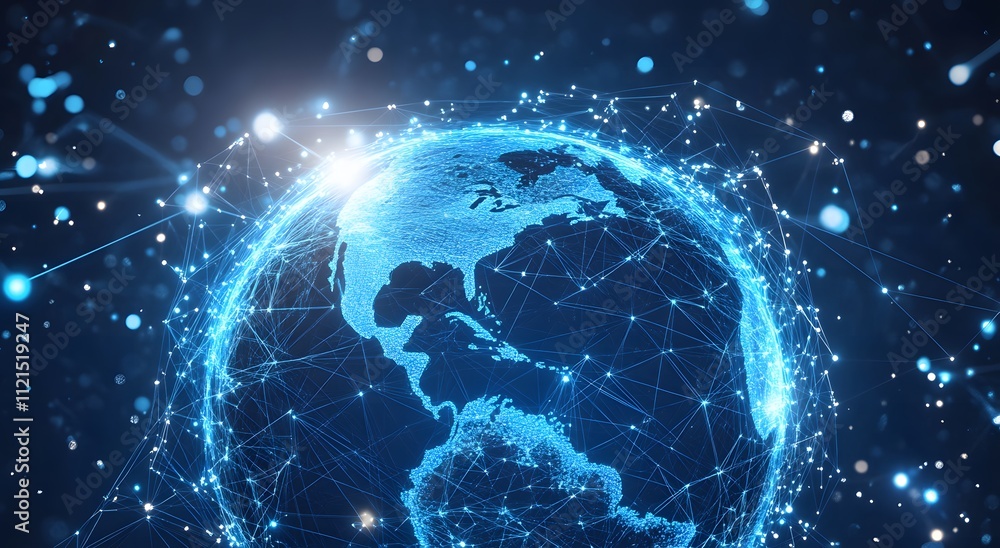 Poster a blue hologram of the earth floating in space and giving the idea of ​​global internet communicatio