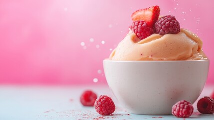 A bowl of creamy peach ice cream topped with fresh raspberries and strawberries against a pastel...