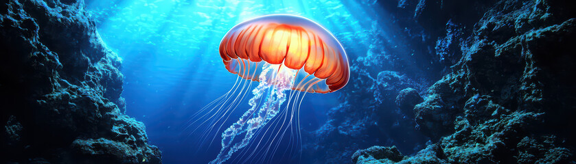 Fototapeta premium surreal underwater scene showcases glowing jellyfish surrounded by vibrant blue waters and rocky formations, creating mesmerizing and tranquil atmosphere