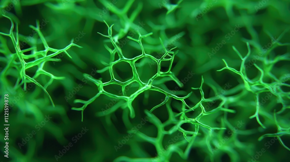 Poster a vibrant green microscopic view of interconnected cellular structures, showcasing intricate pattern