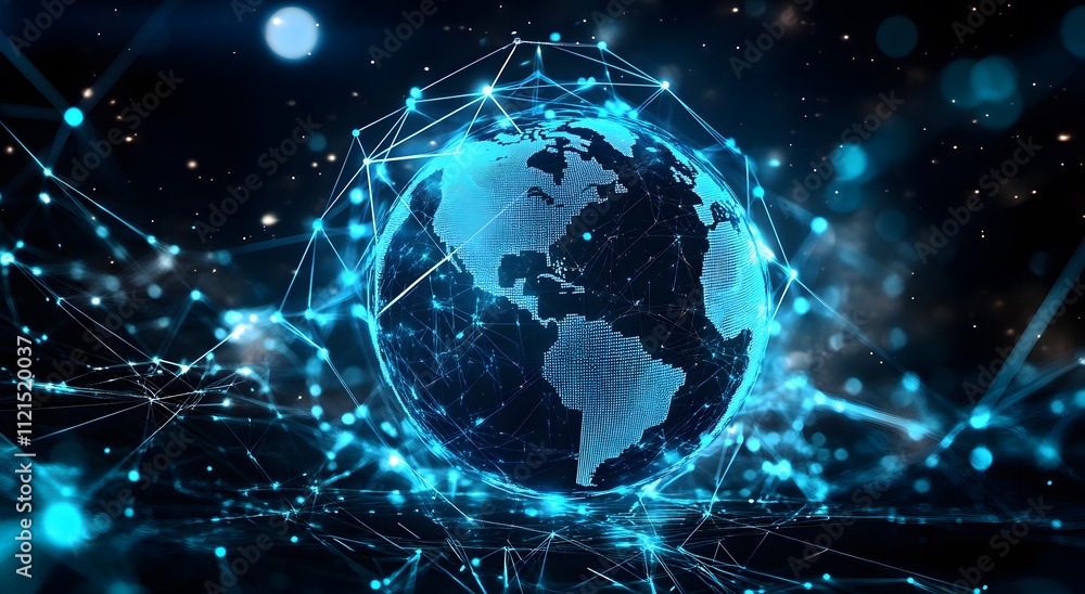 Poster a blue hologram of the earth floating in space and giving the idea of ​​global internet communicatio