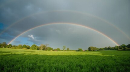 Naklejka premium Rainbow over Meadow After Rain