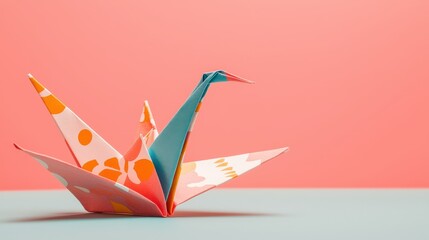 A colorful origami crane stands gracefully against a pastel backdrop, showcasing intricate folding and vibrant patterns.