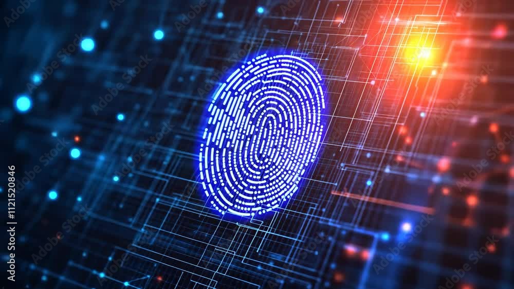 Poster digital fingerprint surrounded by glowing data patterns in a futuristic environment