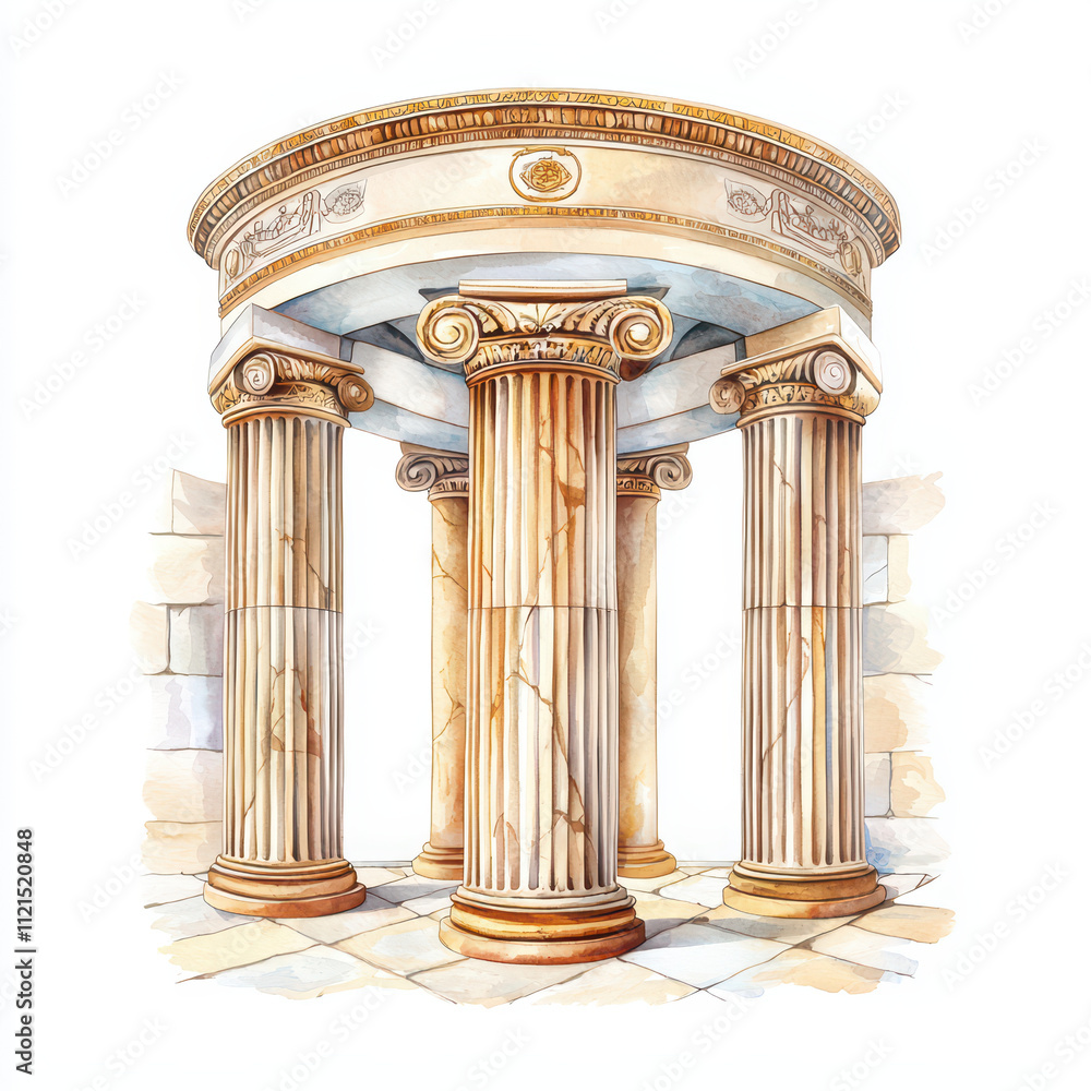 Poster classical architectural featuring four ornate columns, showcasing intricate details and circular str