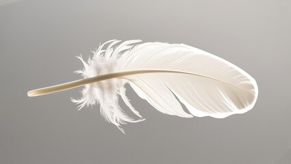 Obraz premium A delicate white feather floats gracefully against a soft gray background, showcasing its intricate details and ethereal quality.