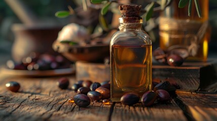 Jojoba oil in a bottle with ripe jojoba fruits and seeds, placed on a rustic wooden surface, emphasizing organic skincare and natural beauty solutions. Generative AI