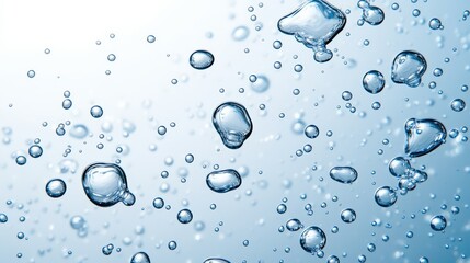 The image showcases a collection of water droplets suspended in mid-air, creating a serene and refreshing atmosphere with a soft blue background.