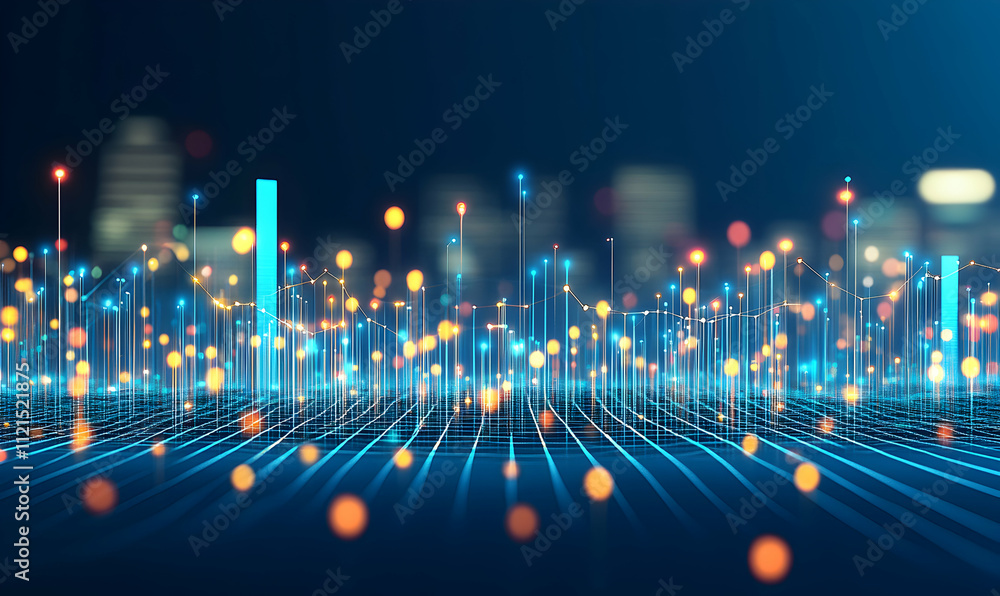 Poster abstract digital cityscape, glowing lines and nodes forming data visualization, futuristic technolog