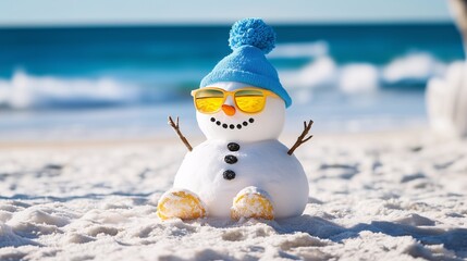 Obraz premium Snowman wearing a blue beanie and sunglasses on a sunny beach, blending winter and tropical themes