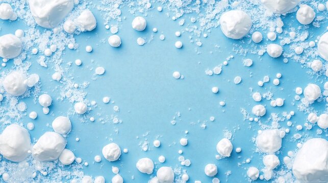 Scattered snowballs and icy textures arranged on a light blue background, evoking playful winter vibes