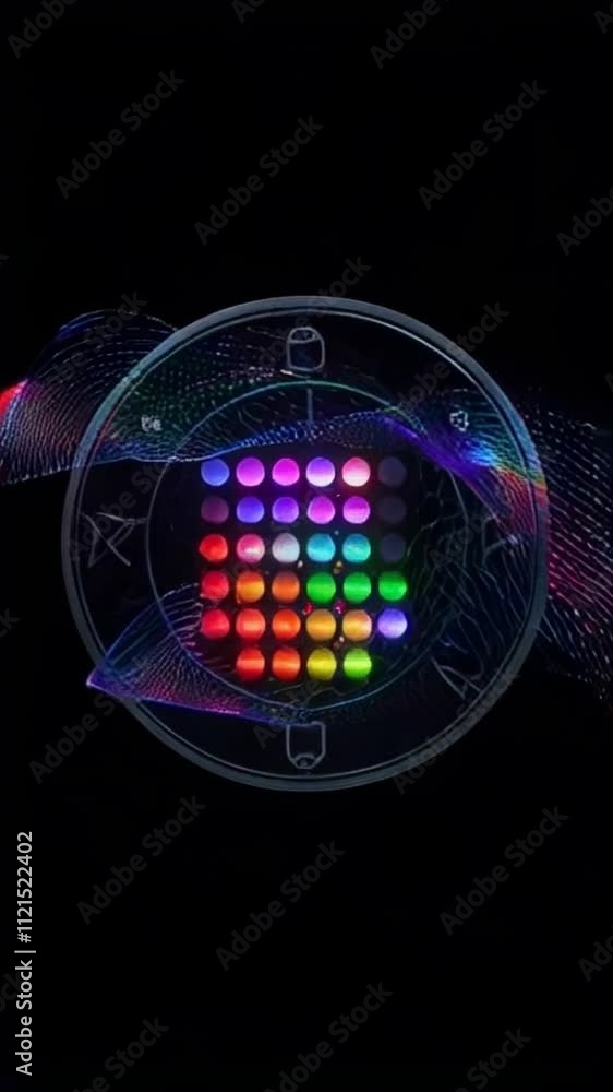 Poster a circular digital display with colorful neon lights forming dynamic patterns on a dark background.