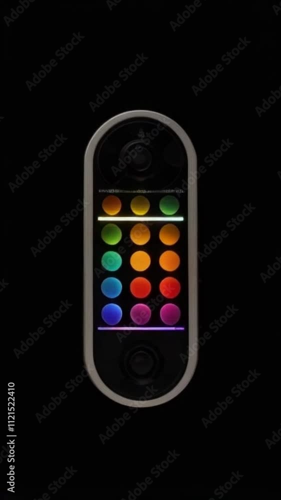 Poster close-up of a rectangular futuristic device with a grid of colorful neon lights against a black back