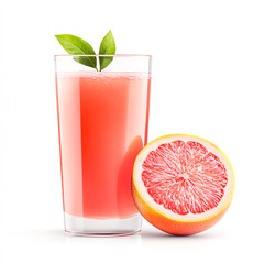 A glass of refreshing pink fruit juice with a whole fruit beside it, isolated on a clean white background