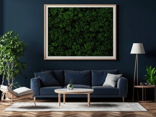 Modern living room interior with navy blue sofa,  round coffee table,  framed moss wall art, and plants.