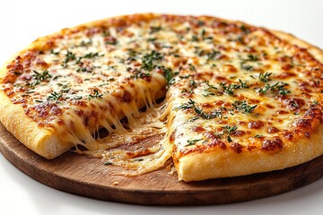 A cheesy pizza with thyme, freshly baked and ready to be enjoyed. The melted cheese is a delightful highlight.