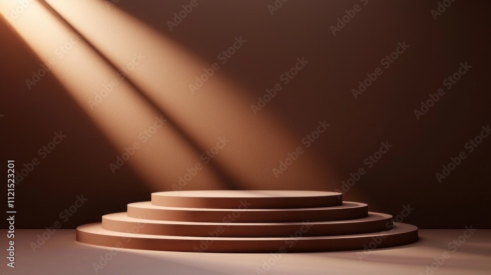 Poster Mocha mousse brown podium with smooth circular layers stands under soft beams of light, creating a serene atmosphere for showcasing talents