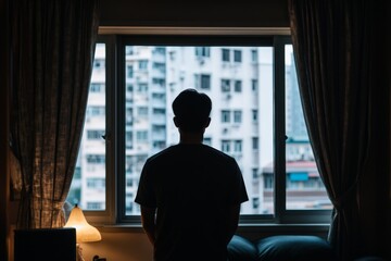 Silhouette of male looking out apartment window at urban landscape