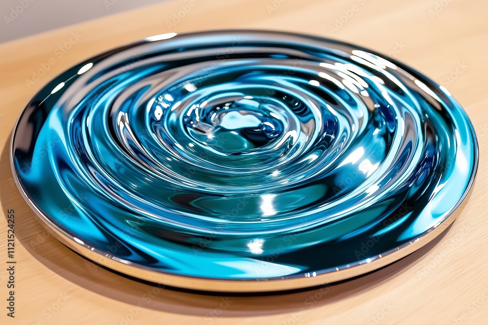 Poster a circular ripple pattern in a palette of aquamarine and silver with a glossy finish