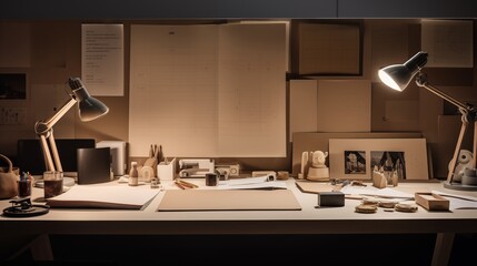 Modern office supplies arranged neatly, studio lighting setup, space on the left side,generative ai illustration