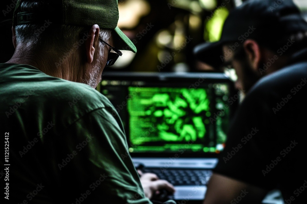 Poster two individuals engaged in computer work with green code on laptop screen, focused on technology and