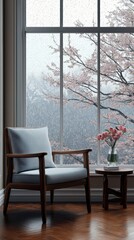 Fototapeta premium Cozy chair near window with rainy view and blooming flowers in glass vase creating a serene atmosphere