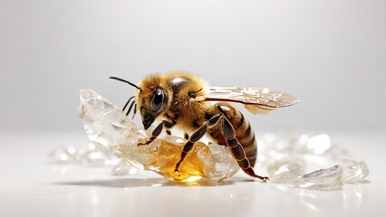 A close-up of a honey bee, displaying its intricate body details as it interacts with crystalline sugar. Soft, neutral background emphasizes the subject.