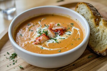 Deliciously garnished lobster bisque served in a white bowl rustic wooden platter gourmet food presentation cozy restaurant setting inviting ambiance for culinary enthusiasts