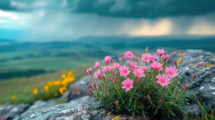 Obraz premium Pink flowers blooming on a rock during a rainstorm with a mountain range in the background.