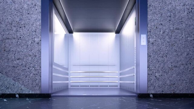 open metallic silver elevator with concrete wall, inside elevator pov, 4k animation