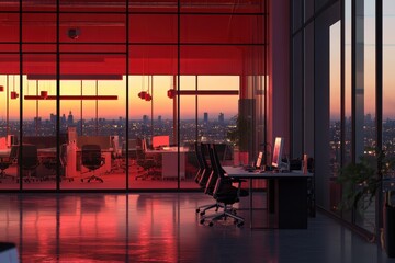 Fototapeta premium Modern Office with Stunning City Skyline at Sunset