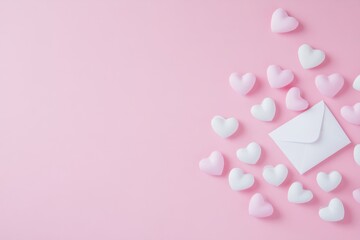 White envelope surrounded by pastel pink and white hearts on a soft pink background, perfect for expressing love and affection during Valentine's Day or special occasions.