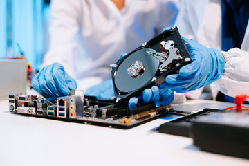 Obraz premium Technician repairing inside of hard disk drive by screwdriver. the concept of data, hardware, technician