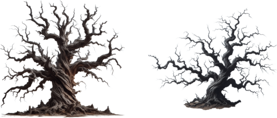Two Gnarled and Twisted Bare Trees isolated on Transparent and White Background