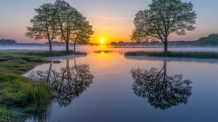 Fototapeta premium Misty sunrise over a lake delicate reflections nature landscape tranquil environment scenic viewpoint for serenity