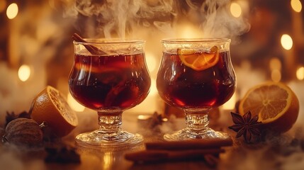 Cozy Steaming Mulled Wine Glasses with Festive Winter Decorations
