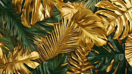 Creative Nature Background with Green and Gold Tropical Palm Leaves