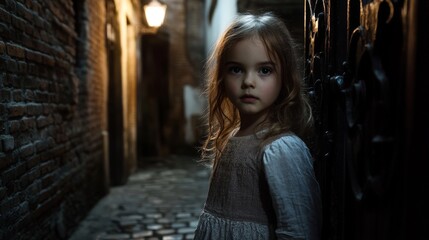 Naklejka premium Young caucasian girl in vintage dress standing in dimly lit alleyway