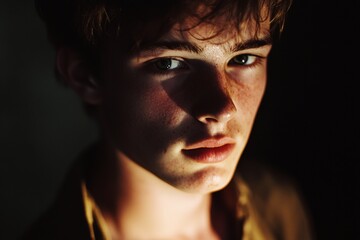 Obraz premium Young caucasian male in dramatic lighting, introspective expression