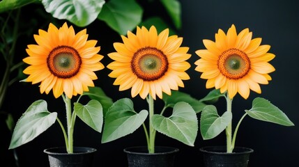 Obraz premium Three Sunflowers in Pots Against a Dark Background