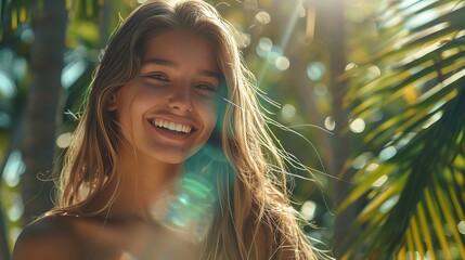 Fototapeta premium Young woman embraces tropical spa day surrounded by lush greenery, radiating wellness and femininity