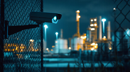 A night vision surveillance camera installed on a factory perimeter fence.