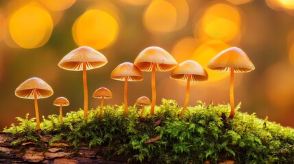 Fototapeta premium Small mushrooms cluster growing on mossy log with blurred golden bokeh background.